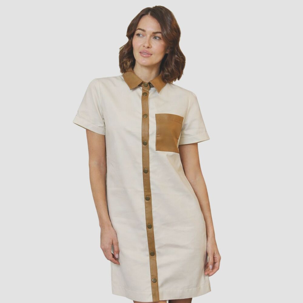 NWT Fate Faux Leather Trim Shirt Dress Cream Camel Mini Pocket Dress Small